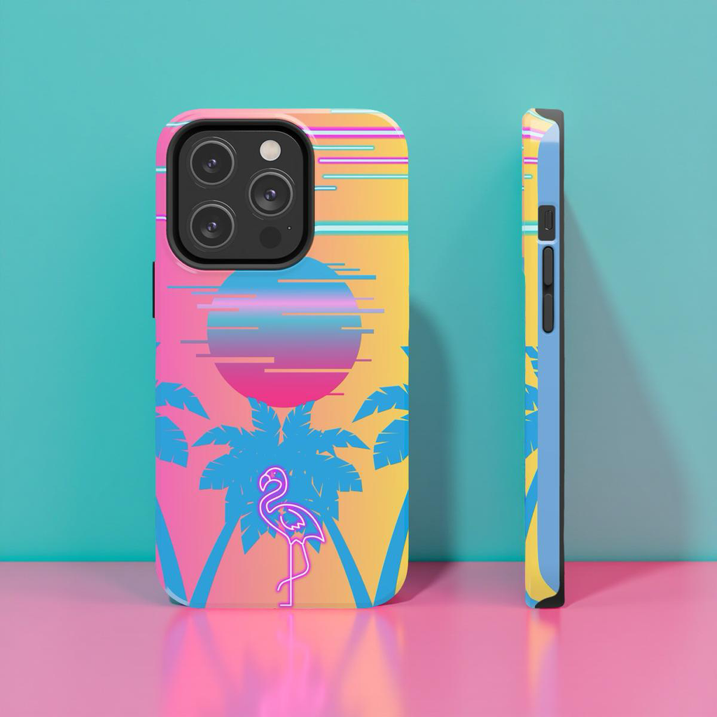 Tropical Flamingo Phone Case, Neon 80s Vibe iPhone Case
